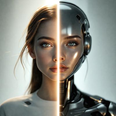 The primary subject of the image is a woman with blonde hair. She is wearing a white shirt and has a silver robot head on her shoulders. The setting is a futuristic environment, with the woman standing in front of a silver robot. The visual style is a combination of photo and digital art, creating a unique and intriguing image. The colors are predominantly silver and white, giving the scene a sleek and modern feel.